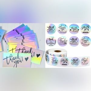 Holographic thank you stickers (500) and cards (100).